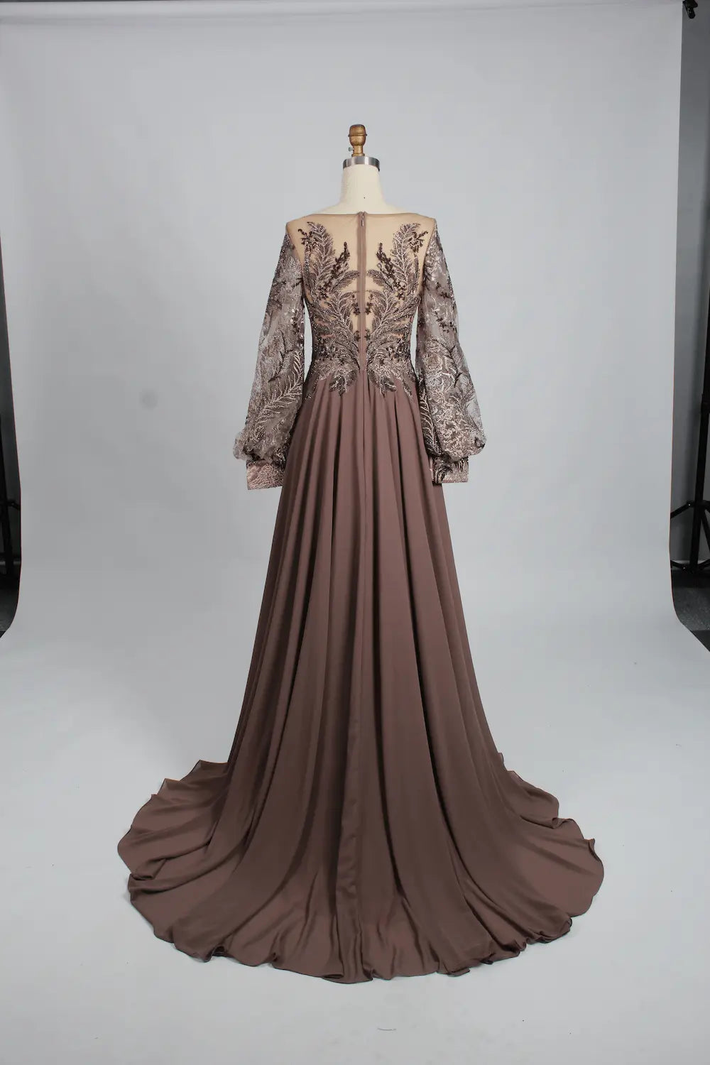 Taupe Embellished A-Line Mother of the Bride Dress with Puff Sleeves KS001