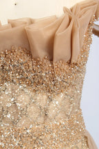 Gold Off the Shoulder Beaded Mermaid Tulle Overskirt Mother of the Bride Gown MC164