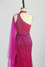 Beaded One-Shoulder Mermaid Evening Dress with Draped Cape KY042