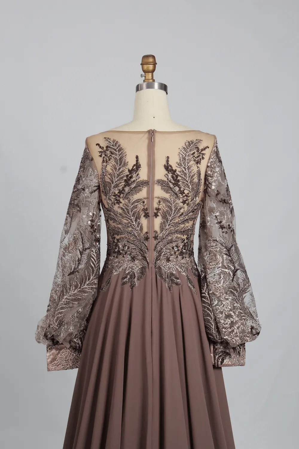 Taupe Embellished A-Line Mother of the Bride Dress with Puff Sleeves KS001