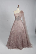 One Shoulder A-Line Mother of the Bride Dress with Asymmetric Sleeves KS013