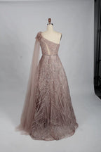 One Shoulder A-Line Mother of the Bride Dress with Asymmetric Sleeves KS013