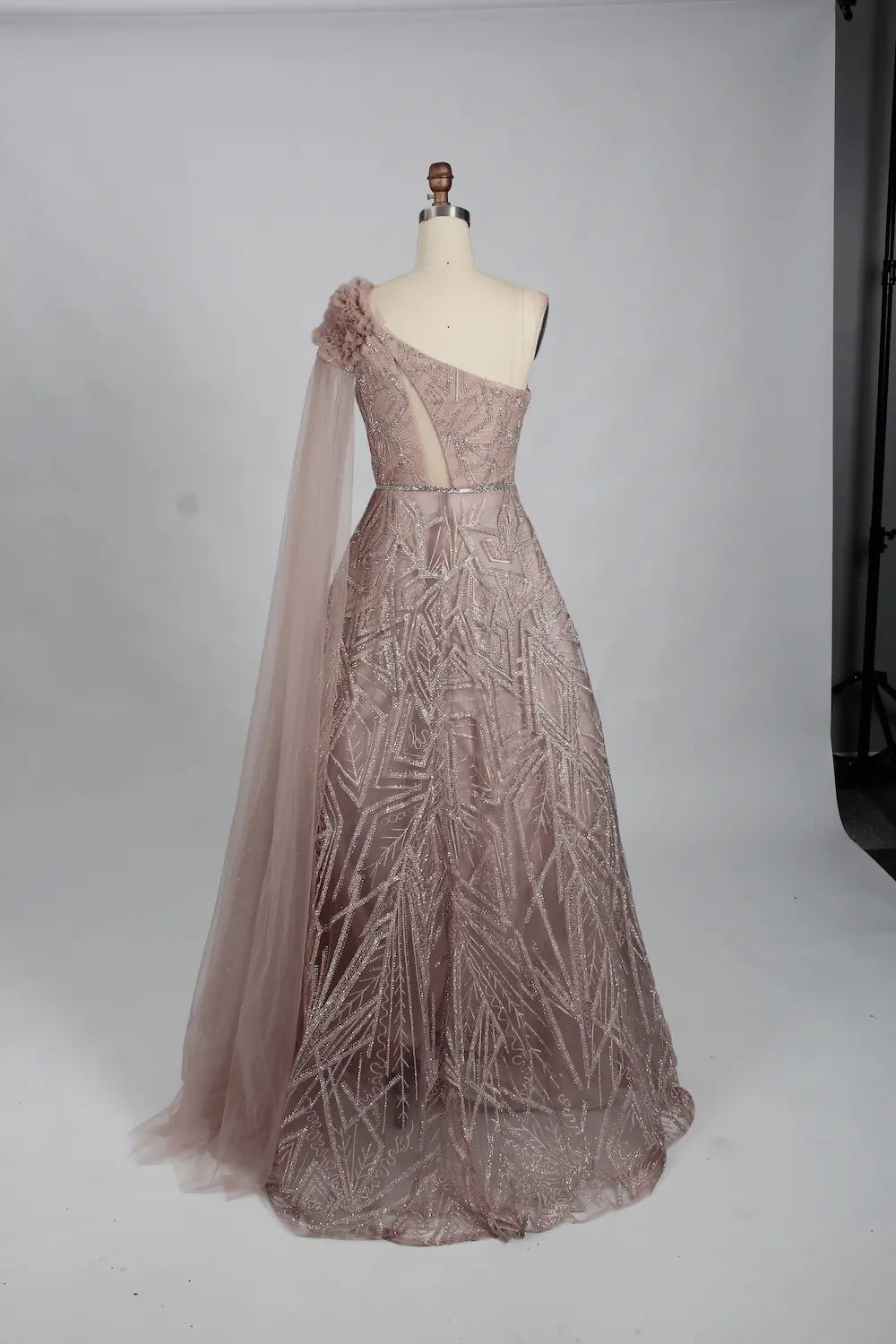 One Shoulder A-Line Mother of the Bride Dress with Asymmetric Sleeves KS013