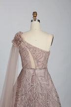 One Shoulder A-Line Mother of the Bride Dress with Asymmetric Sleeves KS013