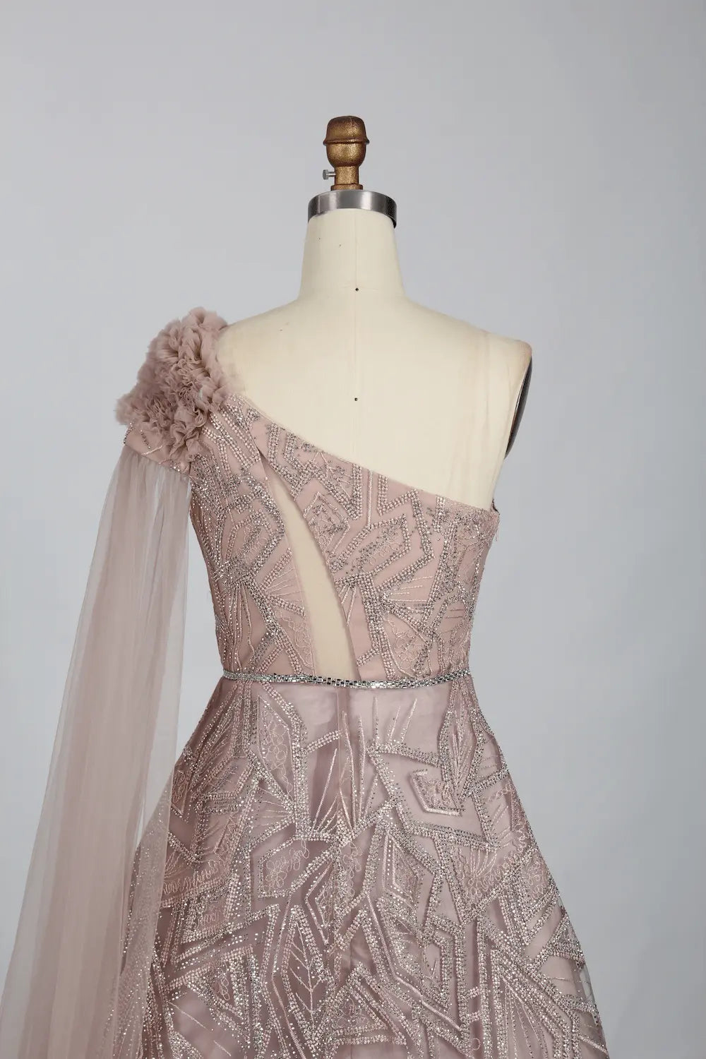 One Shoulder A-Line Mother of the Bride Dress with Asymmetric Sleeves KS013