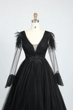 Feather Trim V Neck Long Sleeve Black Mother of the Bride Dress KS010B