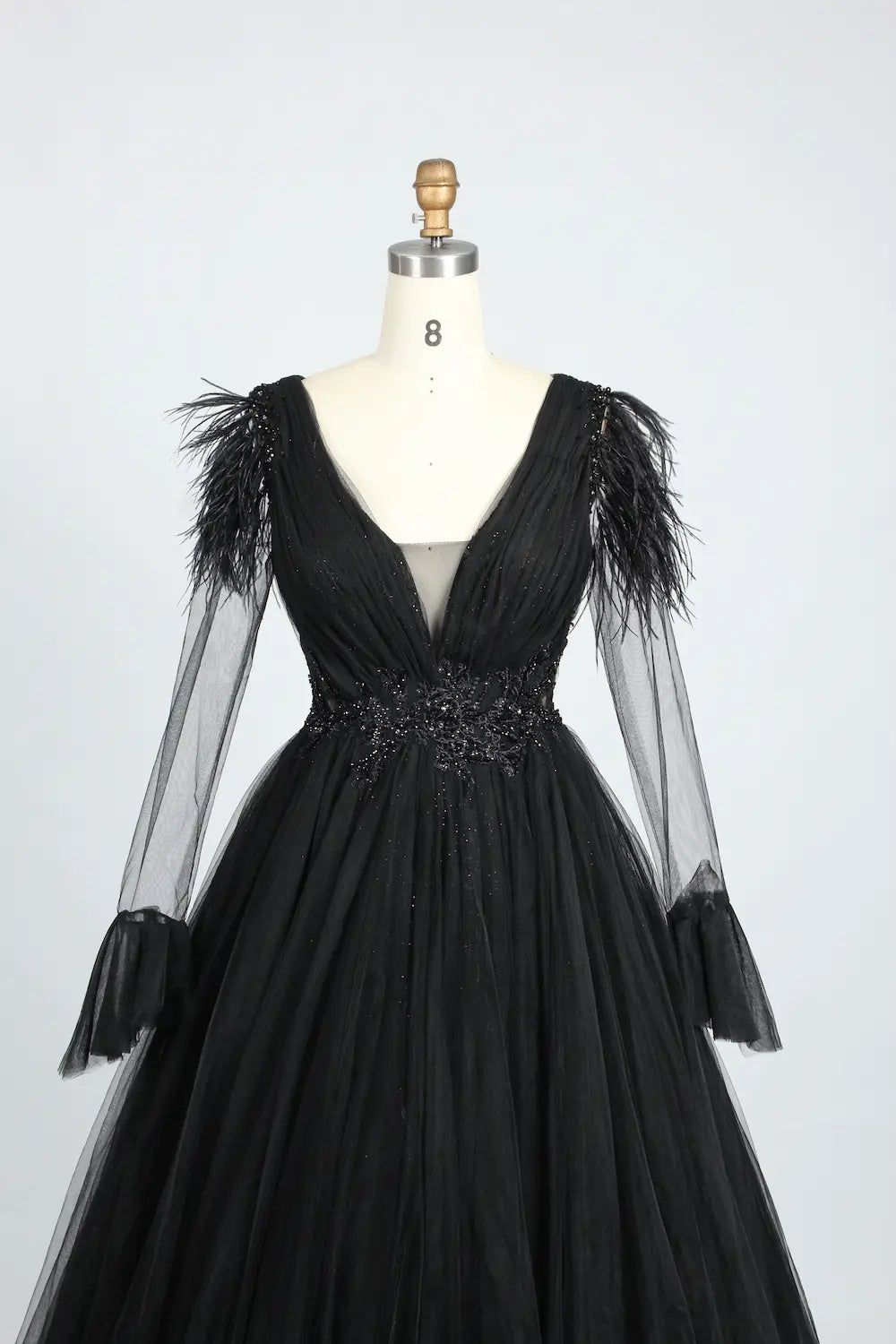 Feather Trim V Neck Long Sleeve Black Mother of the Bride Dress KS010B