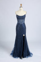 Wholesale Champagne Sequin Strapless Mermaid Evening Gown with Slit 33308