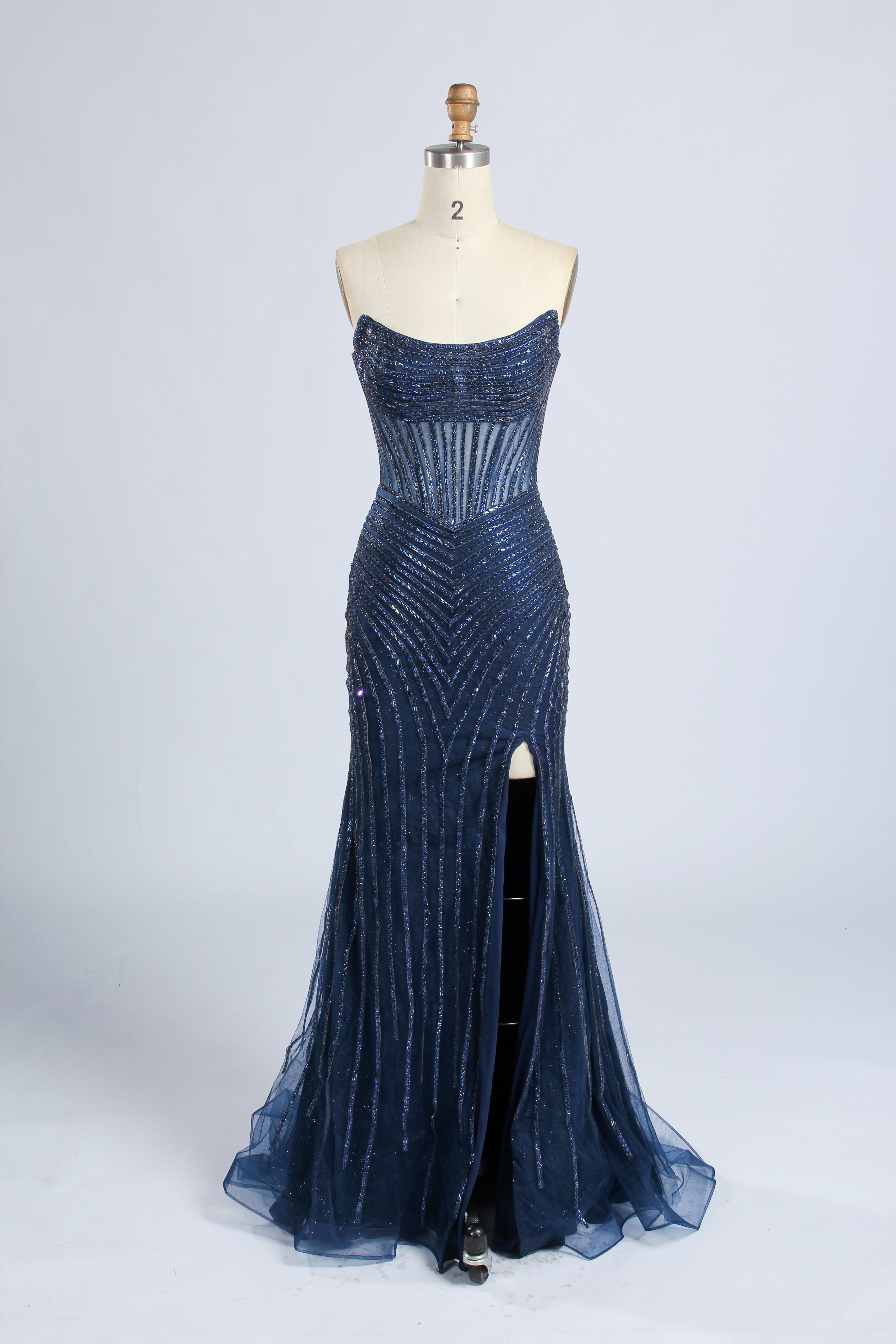 Wholesale Champagne Sequin Strapless Mermaid Evening Gown with Slit 33308