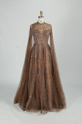 Sequin High Neck A-Line Mother of the Bride Dress with Cape Sleeves MK156