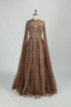 Sequin High Neck A-Line Mother of the Bride Dress with Cape Sleeves MK156