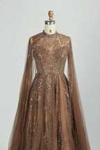 Sequin High Neck A-Line Mother of the Bride Dress with Cape Sleeves MK156