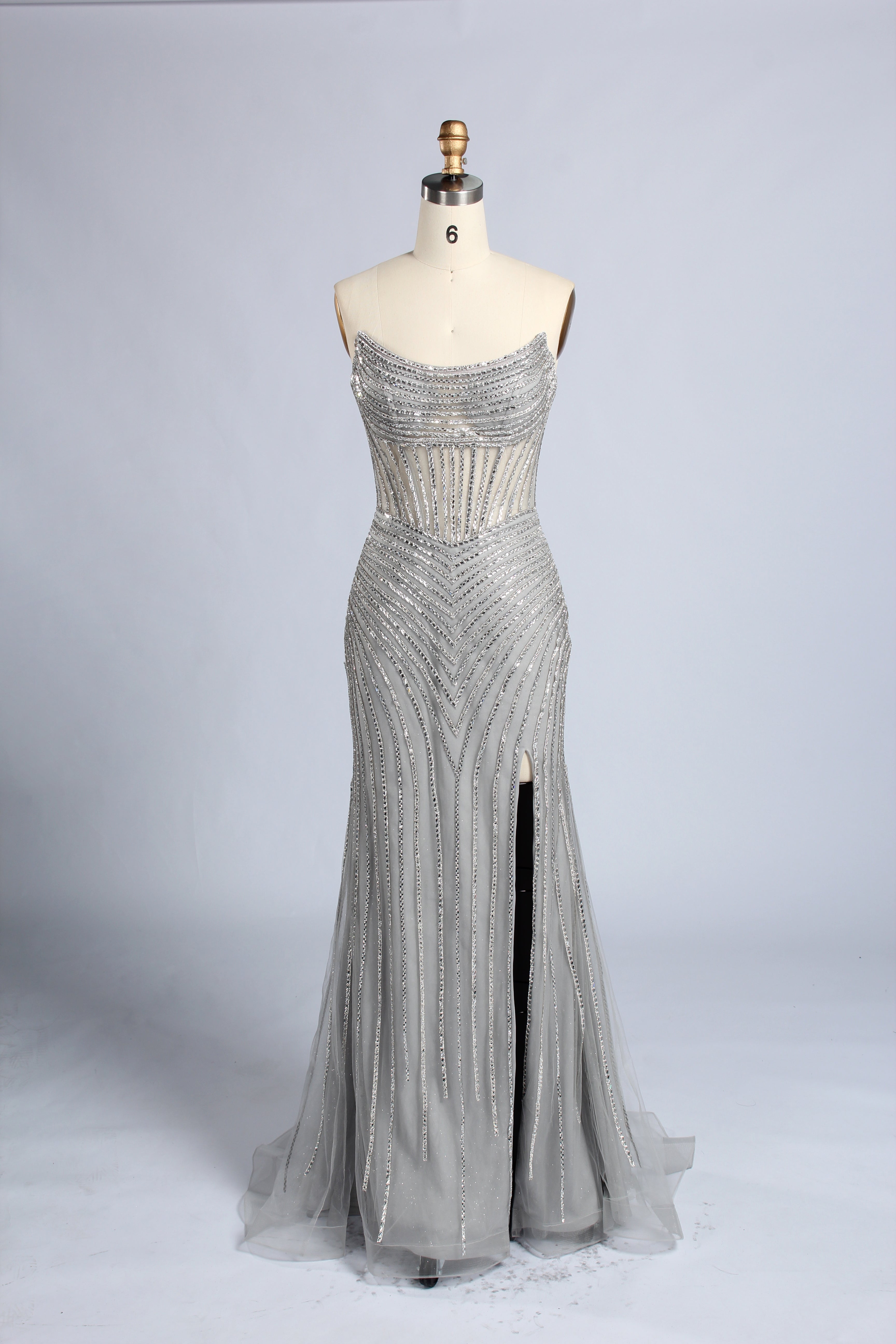 Wholesale Champagne Sequin Strapless Mermaid Evening Gown with Slit 33308