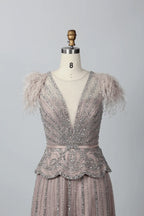 V-Neck Embellished A-Line Mother of the Bride Dress with Flutter Sleeves MC069