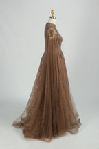 Sequin High Neck A-Line Mother of the Bride Dress with Cape Sleeves MK156