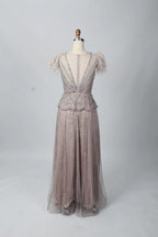 V-Neck Embellished A-Line Mother of the Bride Dress with Flutter Sleeves MC069