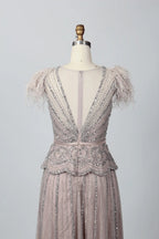V-Neck Embellished A-Line Mother of the Bride Dress with Flutter Sleeves MC069