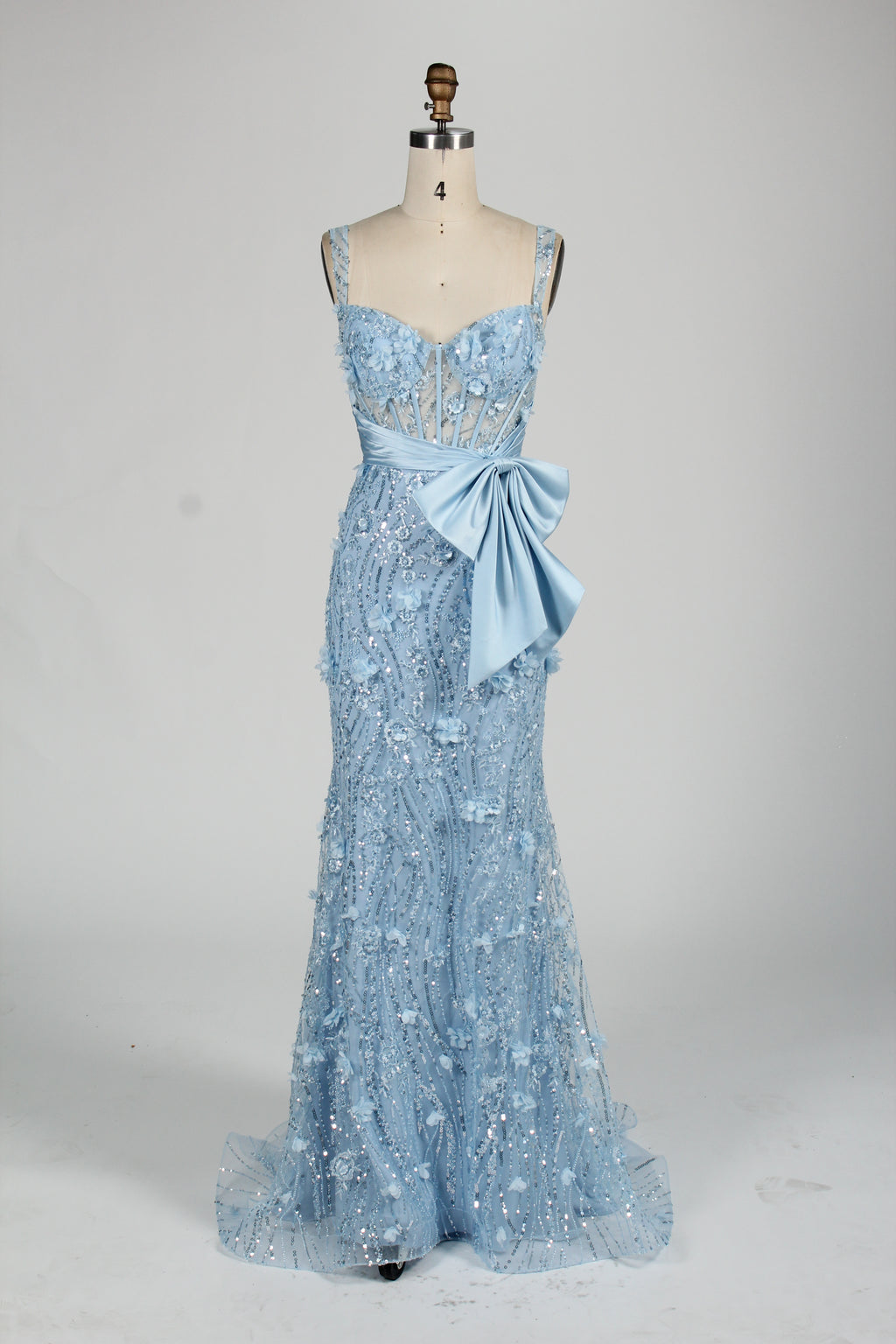 Wholesale Baby Blue Sequin Mermaid Prom Dress with Bow 33127