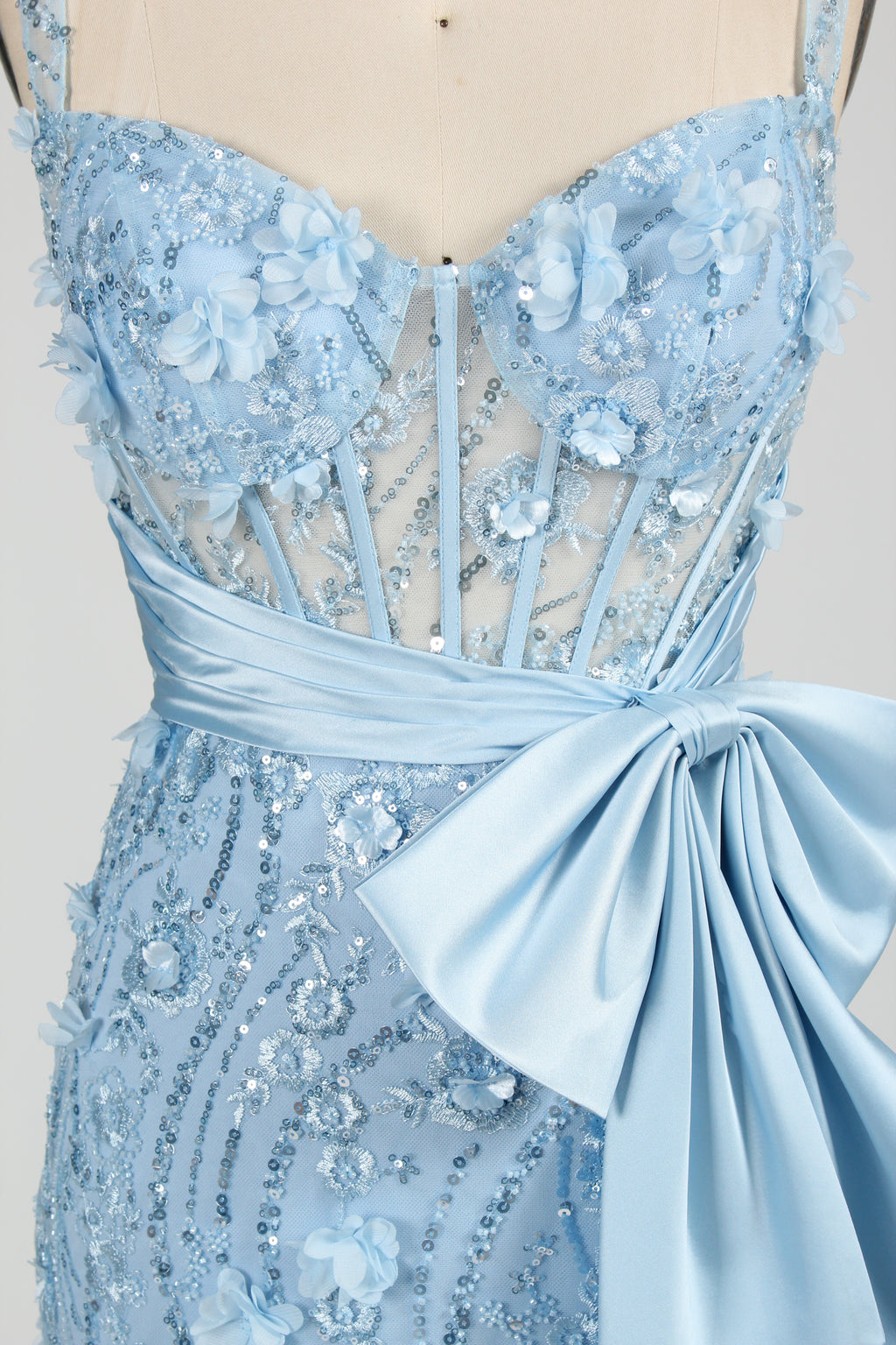 Wholesale Baby Blue Sequin Mermaid Prom Dress with Bow 33127