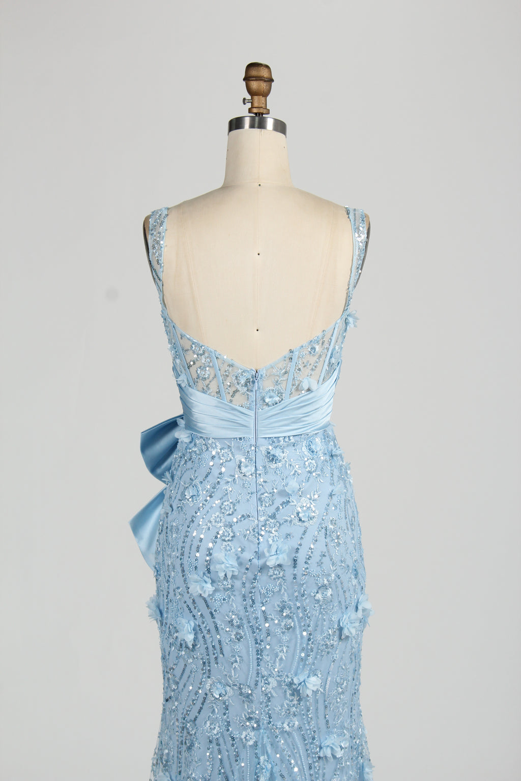 Wholesale Baby Blue Sequin Mermaid Prom Dress with Bow 33127