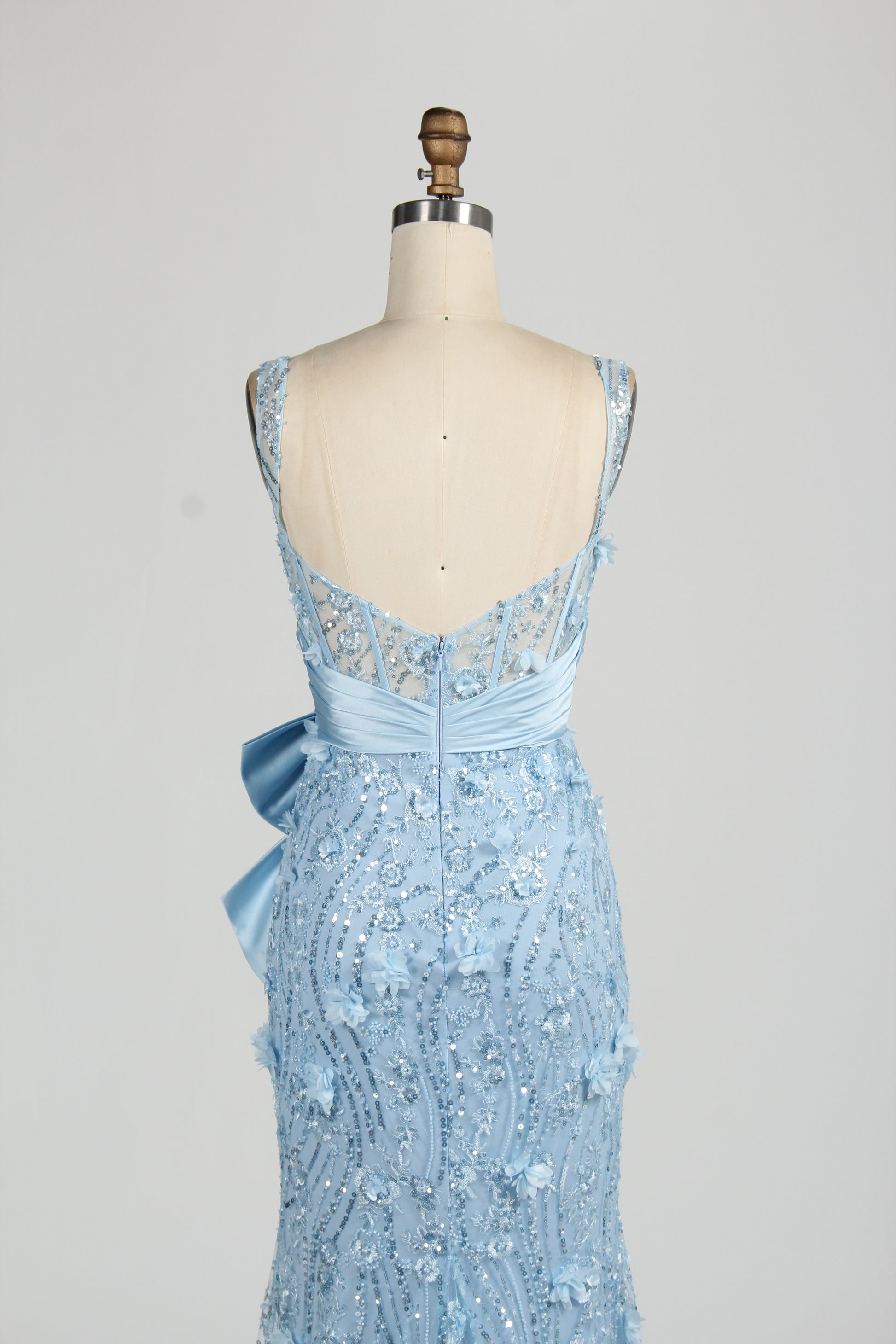 Wholesale Baby Blue Sequin Mermaid Prom Dress with Bow 33127