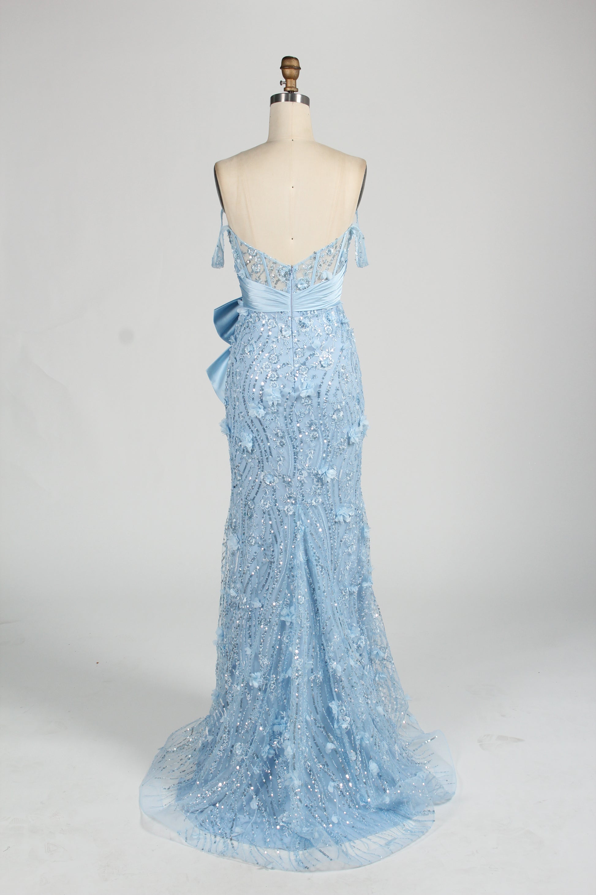 Wholesale Baby Blue Sequin Mermaid Prom Dress with Bow 33127