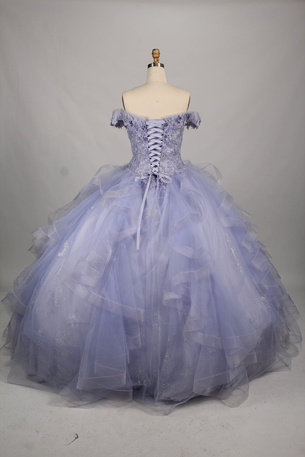 Wholesale Light Blue Off-Shoulder Quinceañera Dress Ruffled Tulle 3D Floral Ball Gown TG001