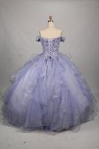 Wholesale Light Blue Off-Shoulder Quinceañera Dress Ruffled Tulle 3D Floral Ball Gown TG001