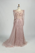 Sequin Long Sleeve Mother of the Bride Dress with Side Train MK155