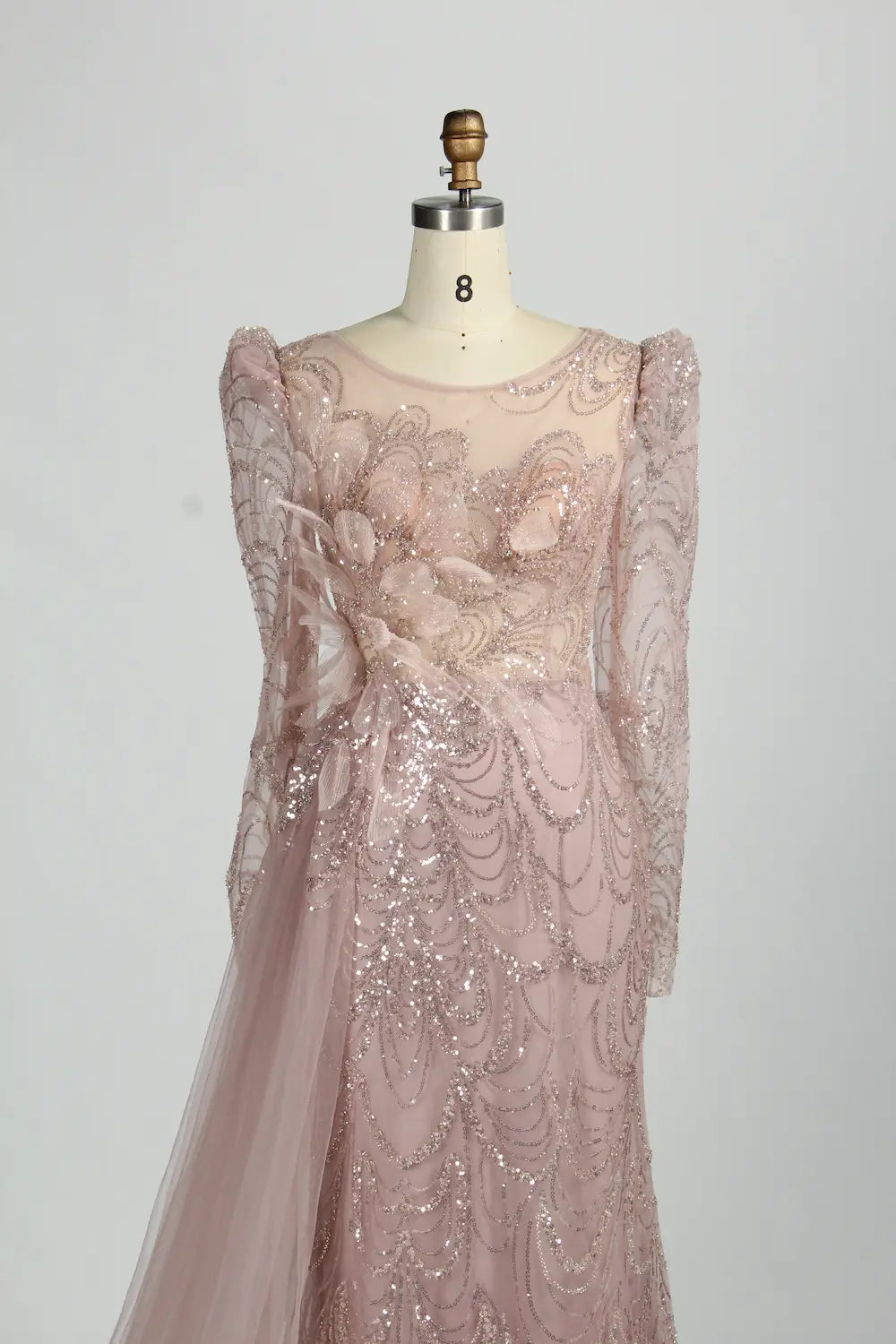Sequin Long Sleeve Mother of the Bride Dress with Side Train MK155