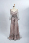 Blush Pink Embellished A-Line Mother of the Bride Dress with Long Sleeves MC047