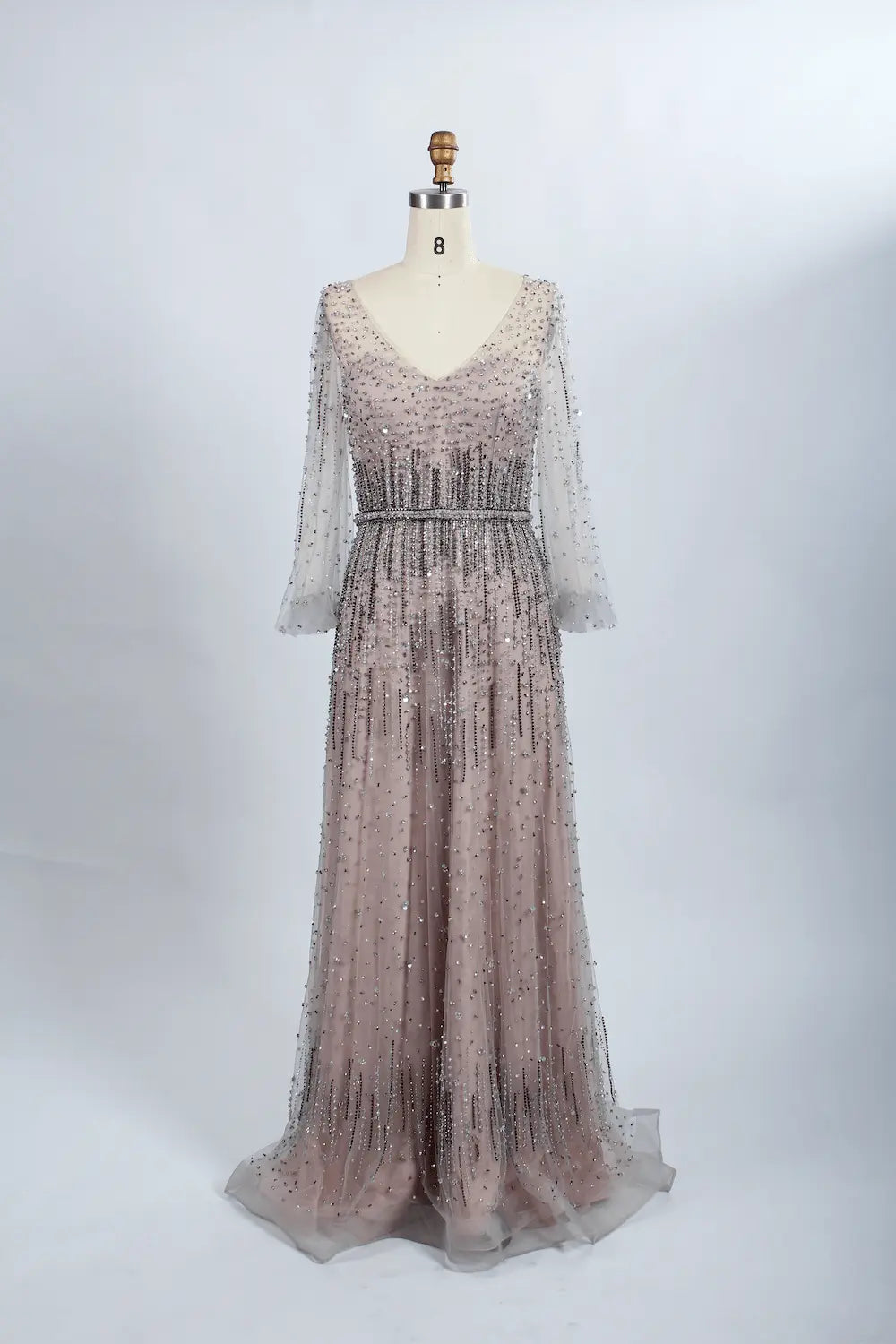 Blush Pink Embellished A-Line Mother of the Bride Dress with Long Sleeves MC047