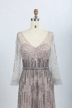 Blush Pink Embellished A-Line Mother of the Bride Dress with Long Sleeves MC047