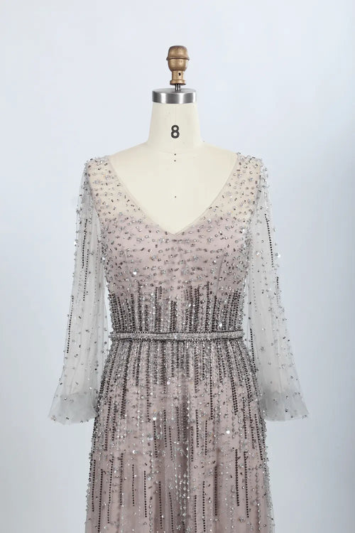Blush Pink Embellished A-Line Mother of the Bride Dress with Long Sleeves MC047