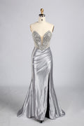 Wholesale Silver Beaded V-Neck Satin Mermaid Prom Dress 33409
