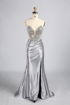 Wholesale Silver Beaded V-Neck Satin Mermaid Prom Dress 33409