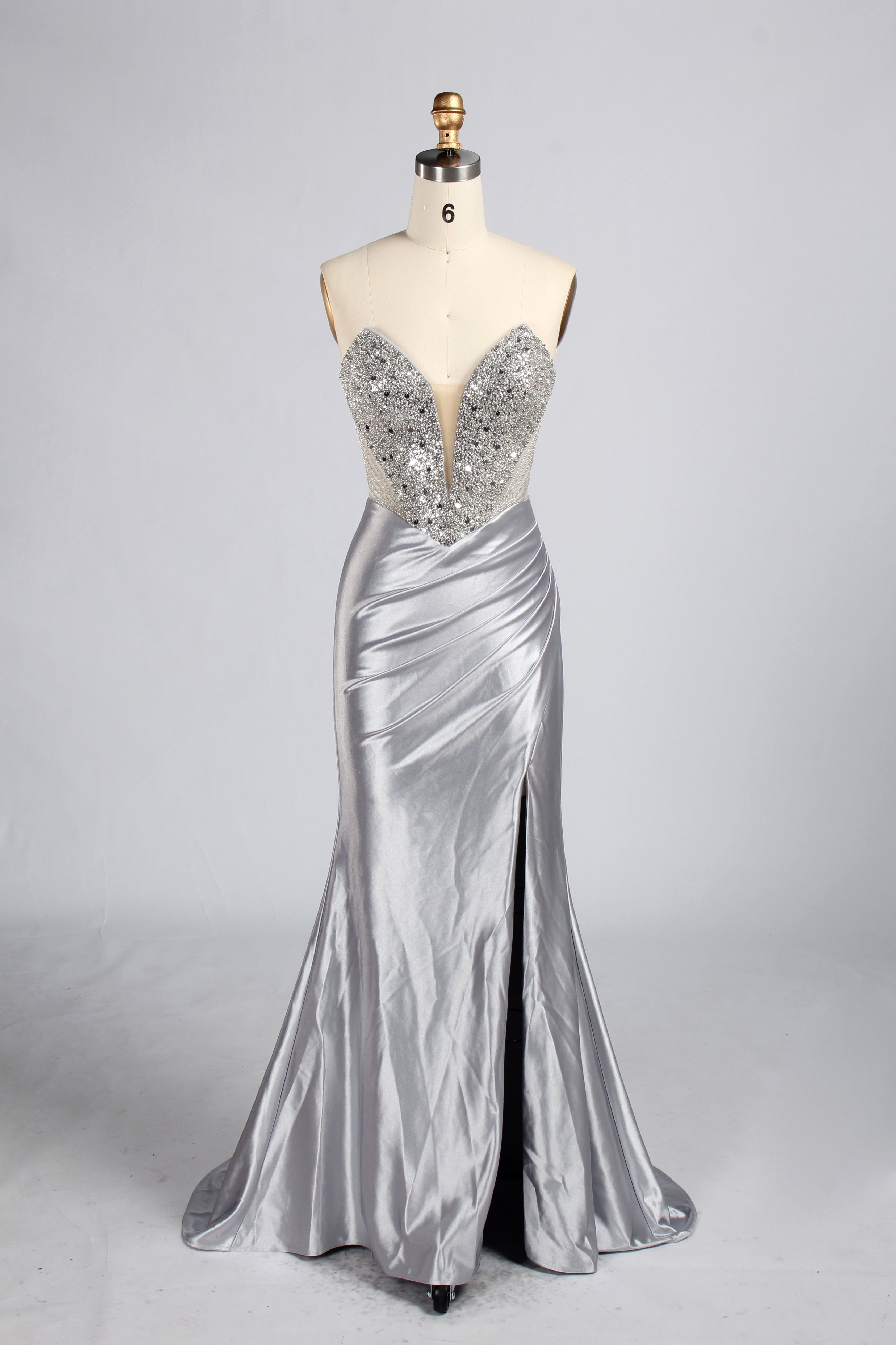Wholesale Silver Beaded V-Neck Satin Mermaid Prom Dress 33409