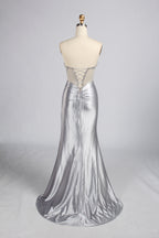 Wholesale Silver Beaded V-Neck Satin Mermaid Prom Dress 33409