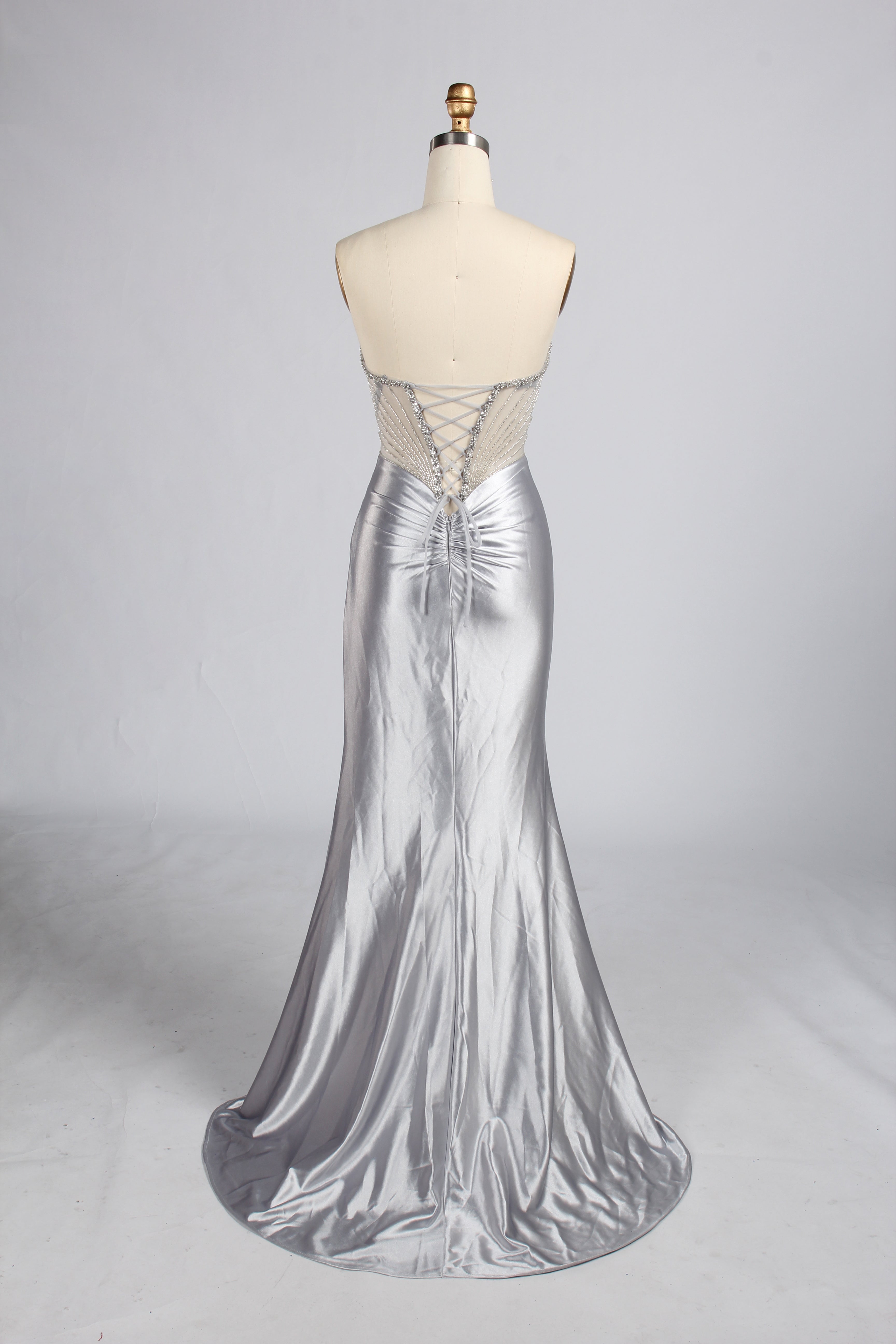 Wholesale Silver Beaded V-Neck Satin Mermaid Prom Dress 33409