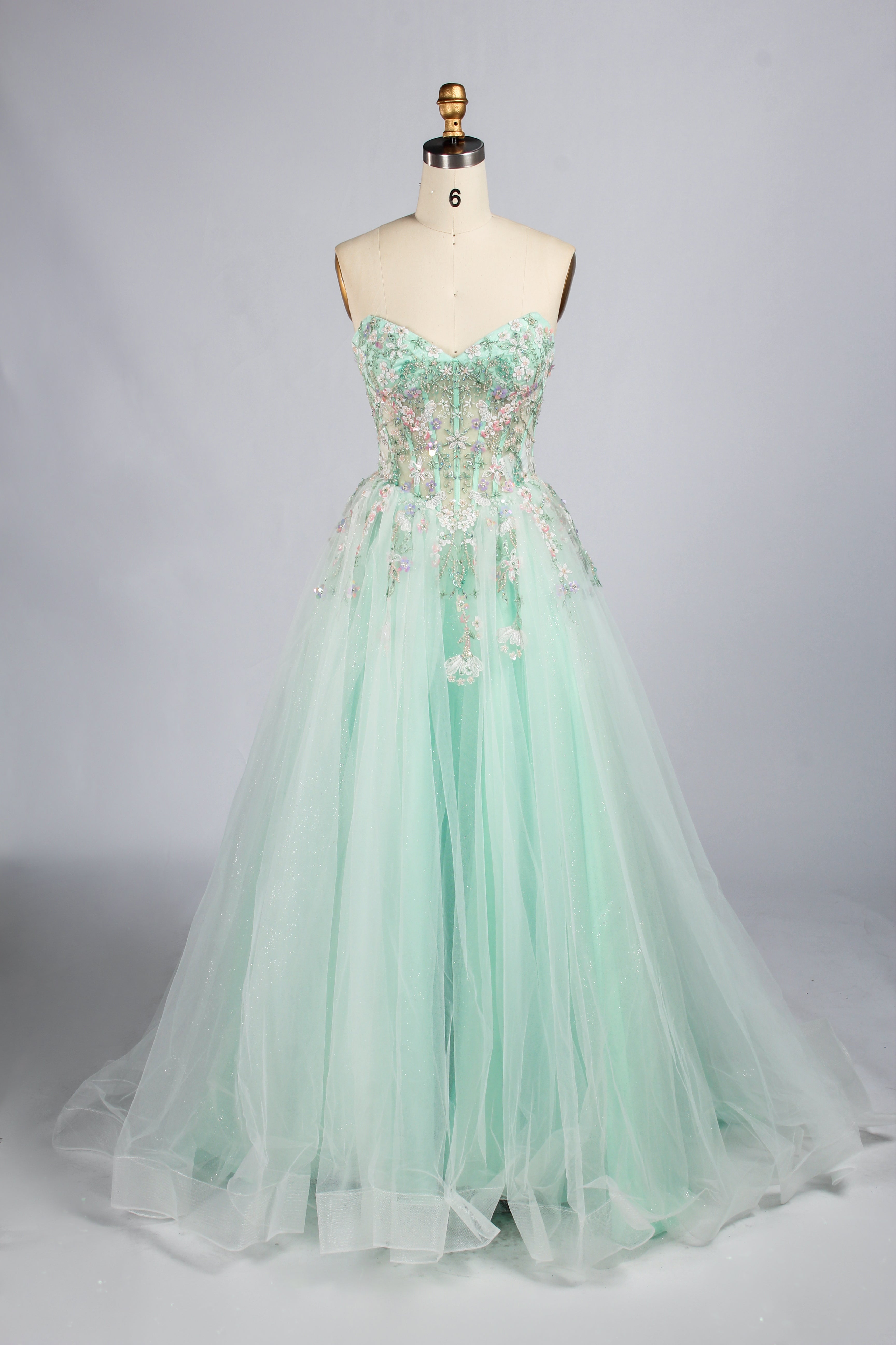 Wholesale Mint Floral Embellished Strapless Tulle Prom Dress KT1491