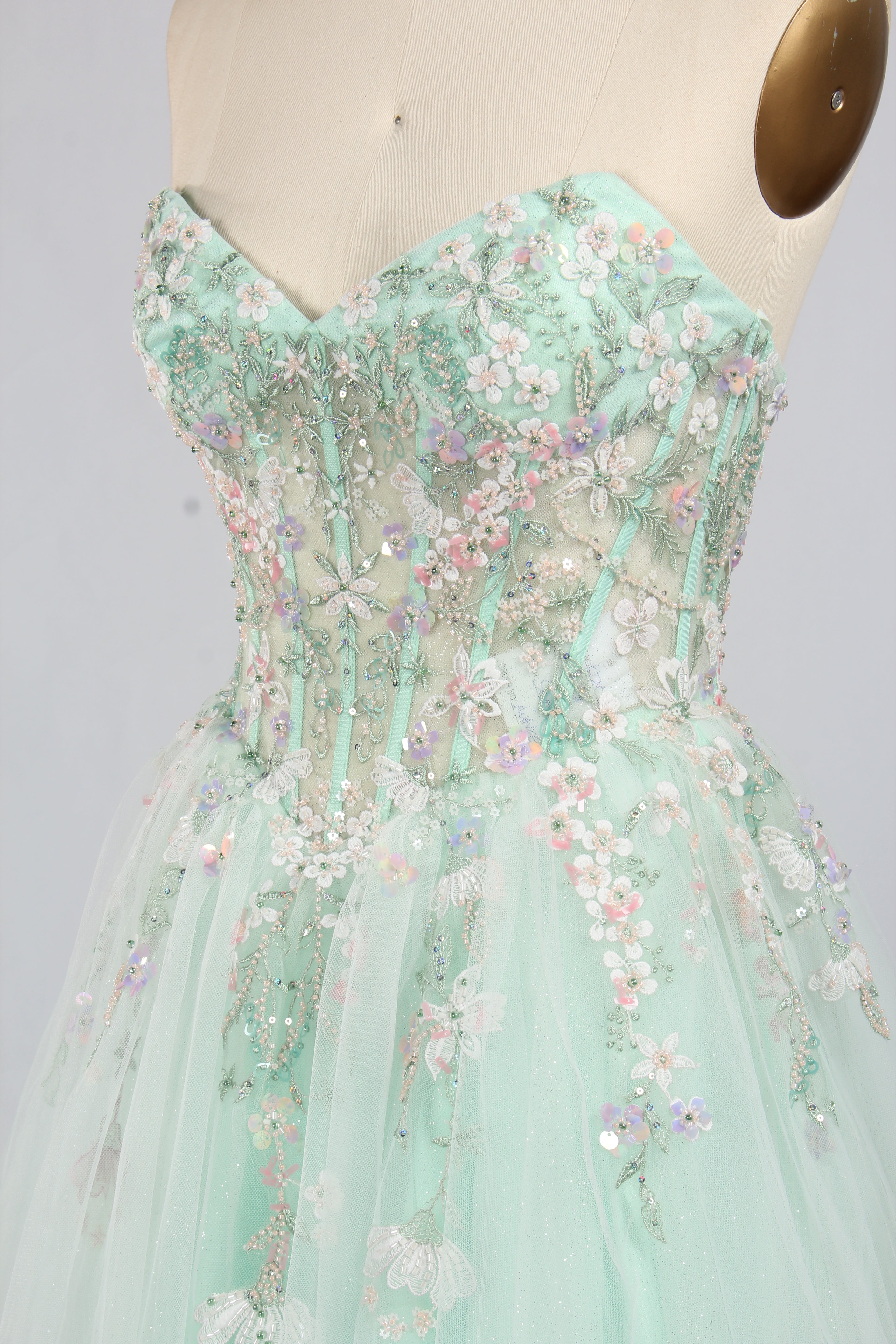 Wholesale Mint Floral Embellished Strapless Tulle Prom Dress KT1491