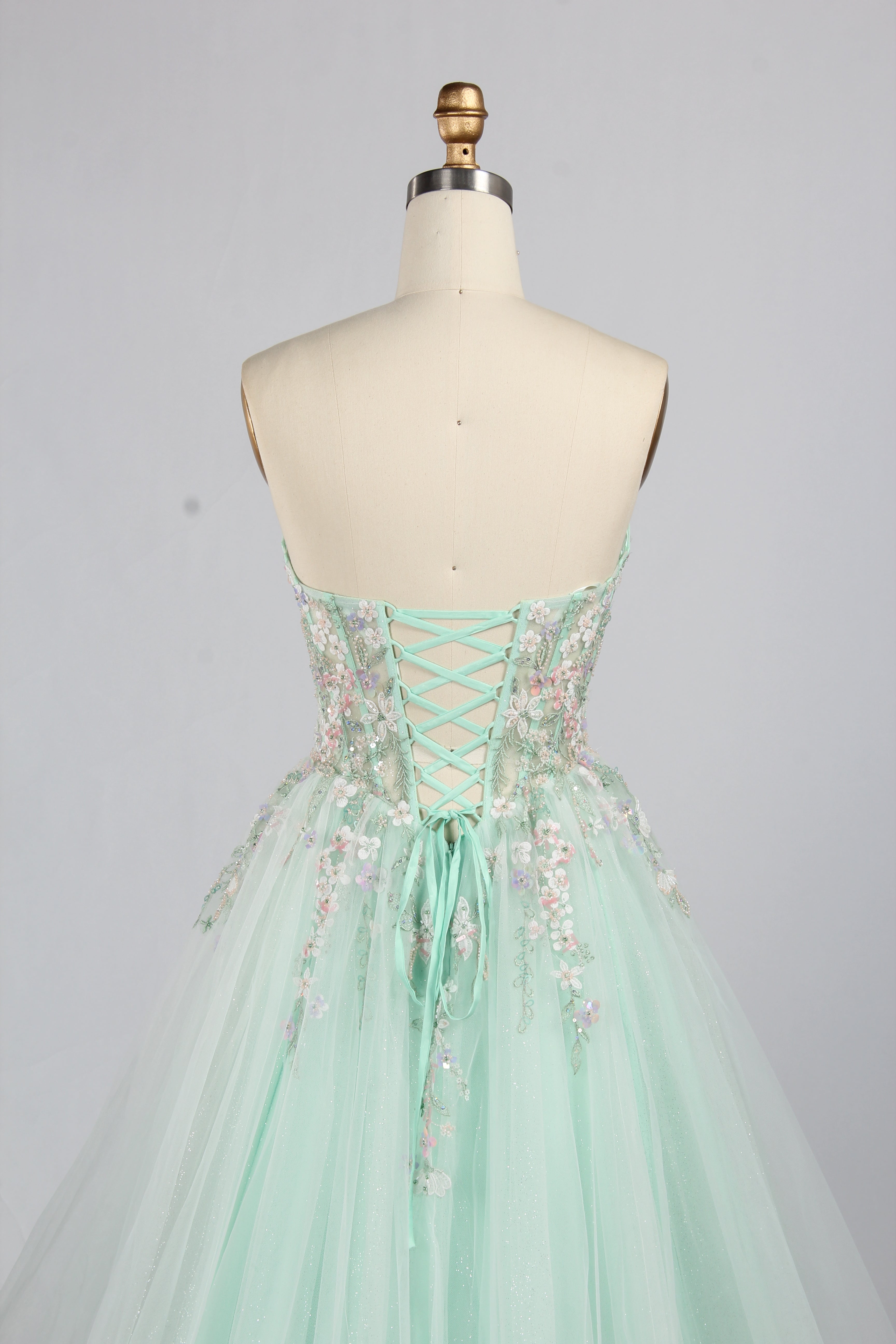 Wholesale Mint Floral Embellished Strapless Tulle Prom Dress KT1491