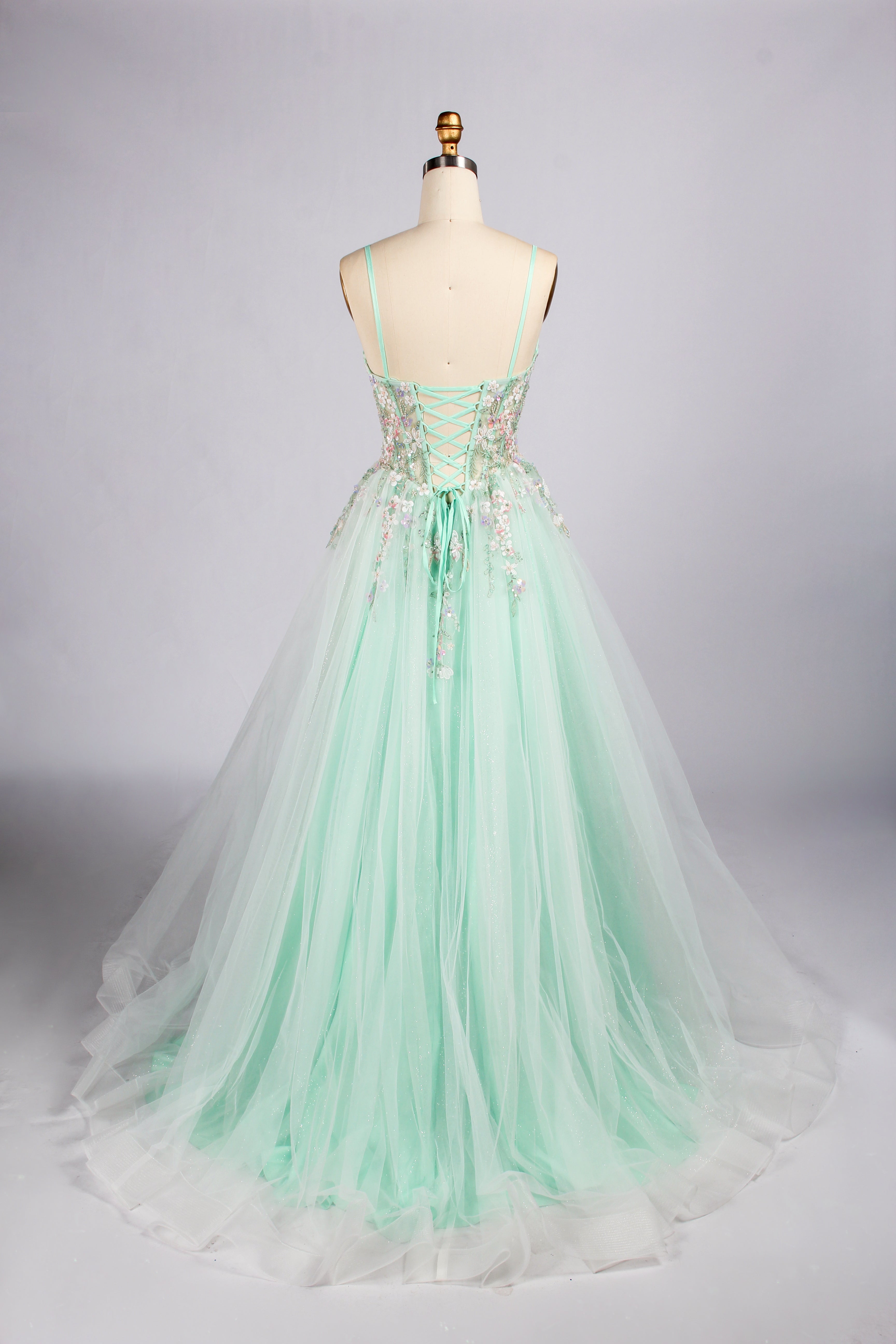Wholesale Mint Floral Embellished Strapless Tulle Prom Dress KT1491