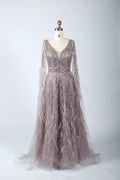 V-Neck Lace A-Line Mother of the Bride Dress with Long Sleeves MC041