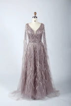 V-Neck Lace A-Line Mother of the Bride Dress with Long Sleeves MC041