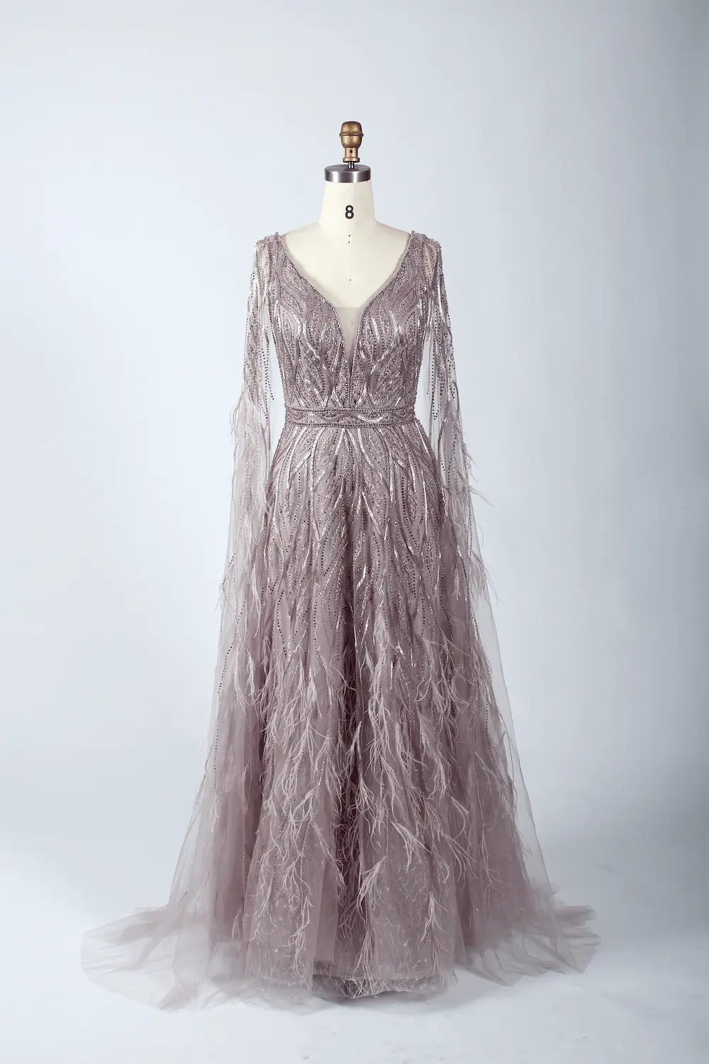 V-Neck Lace A-Line Mother of the Bride Dress with Long Sleeves MC041