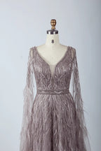 V-Neck Lace A-Line Mother of the Bride Dress with Long Sleeves MC041