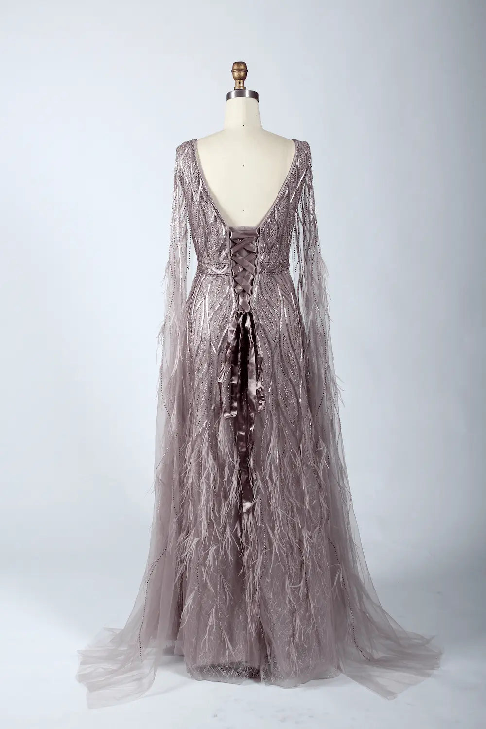 V-Neck Lace A-Line Mother of the Bride Dress with Long Sleeves MC041