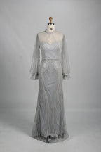 Elegant High-Neck Long Sleeve Beaded Champagne Mother of the Bride Dress KY031B