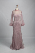Elegant High-Neck Long Sleeve Beaded Champagne Mother of the Bride Dress KY031B